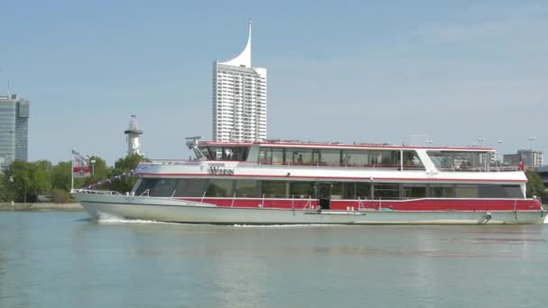 Tourist Boat Passing Donau City — Stock Video