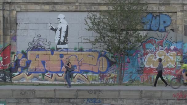 Walking Riding Bikes Alongside Danube Canal — Stock Video