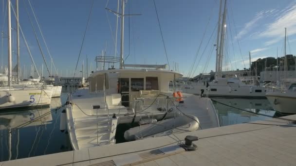 Segelboote Einem Betondock Festgemacht — Stockvideo