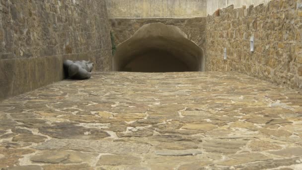 Eine Gegossene Skulptur Aus Eisen Liegt Auf Dem Bürgersteig — Stockvideo