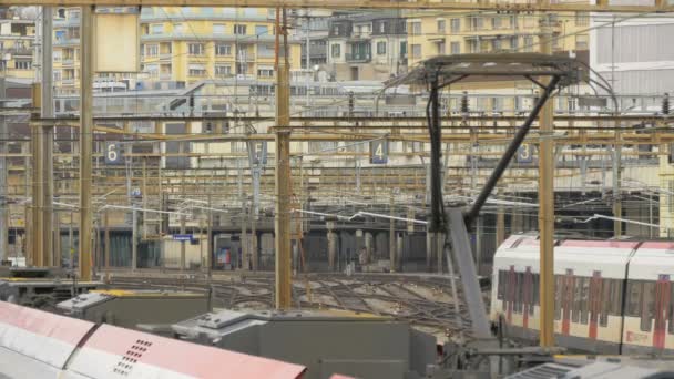 Tren Bir Tren Istasyonunda Ilerliyor — Stok video