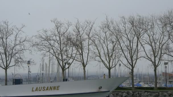 Barco Perto Árvores Sem Folhas Lausanne — Vídeo de Stock