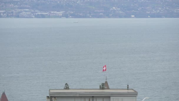 瑞士国旗在岸上飘扬 — 图库视频影像