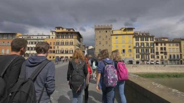 Jovens Caminhando Sobre Uma Ponte — Vídeo de Stock