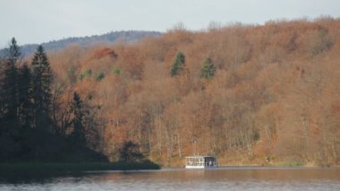 Turist teknesi ve Plitvice Park 'ta bir orman tepesi.