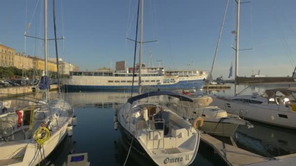 Barcos Ancorados Flutuando Porto — Vídeo de Stock