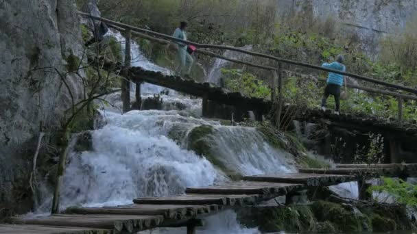 Houten Trap Boven Een Waterval Plitvice Park — Stockvideo