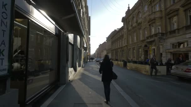 Menschen Und Autos Auf Einer Straße Mit Geschäften — Stockvideo