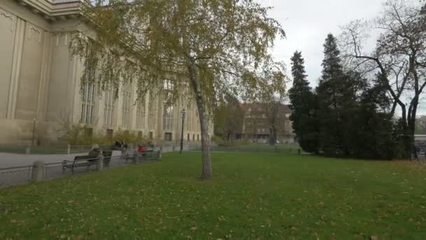 Zielona Trawa Drzewa Pobliżu Budynku — Wideo stockowe