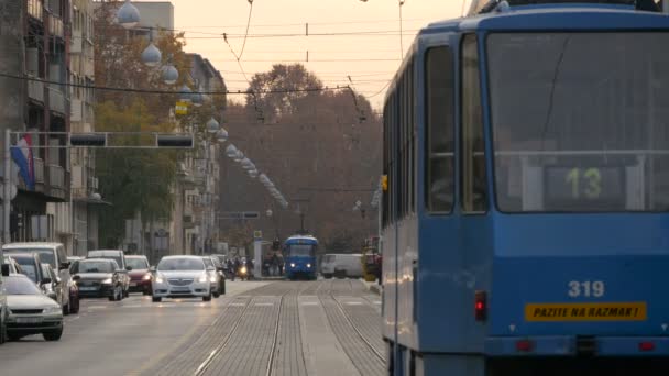 Şehir Caddesinde Tramvaylar — Stok video