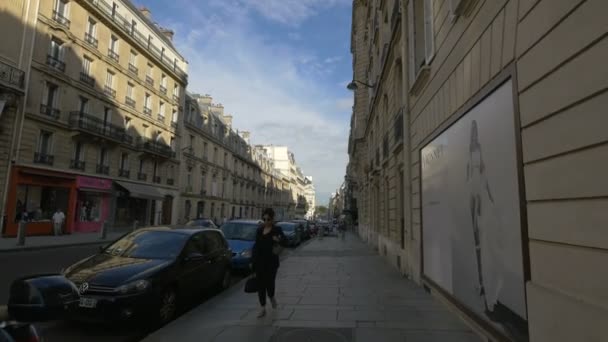 Люди Идущие Улице Франсуа Вдоль Припаркованных Машин — стоковое видео