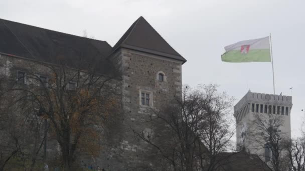 Zwaaien Vlag Ljubljana Castle Toren — Stockvideo