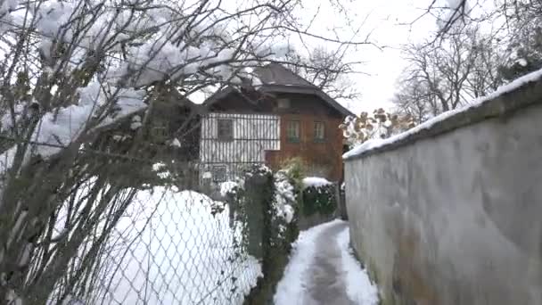 Χιονισμένο Δρομάκι Που Οδηγεί Κτίριο — Αρχείο Βίντεο