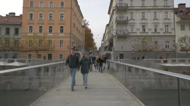 走在一座有玻璃栏杆的现代桥上 — 图库视频影像