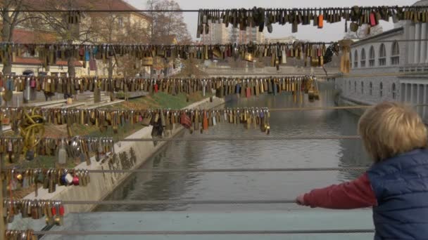 Padlocks Railing Bridge Canal — Stock Video