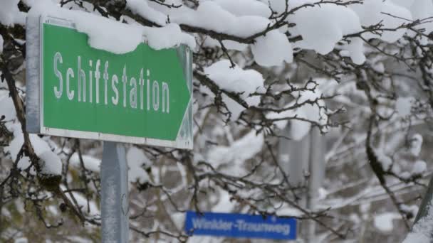 Grön Gatuskylt Täckt Med Snö — Stockvideo