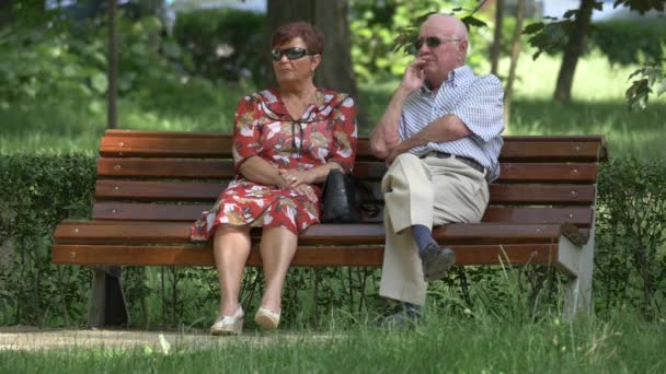 老夫妇坐在公园的长椅上 — 图库视频影像