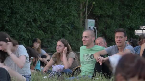 Vrienden Zittend Gras Een Festival — Stockvideo