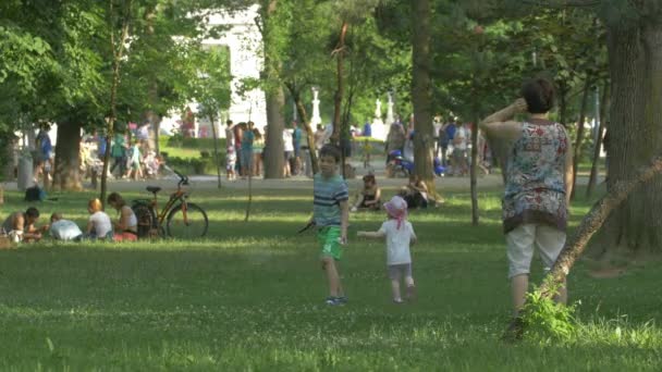 Madre Jugando Con Sus Hijos Parque — Vídeos de Stock