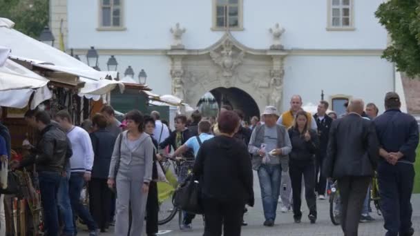 Människor Som Går Förbi Souvenir Bås Fästningen Alba Iulia — Stockvideo