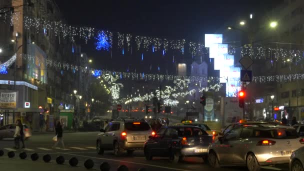 Brtianu Boulevard Com Carros Decorações Natal — Vídeo de Stock