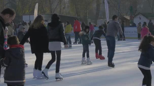 子供と大人のアイススケート — ストック動画