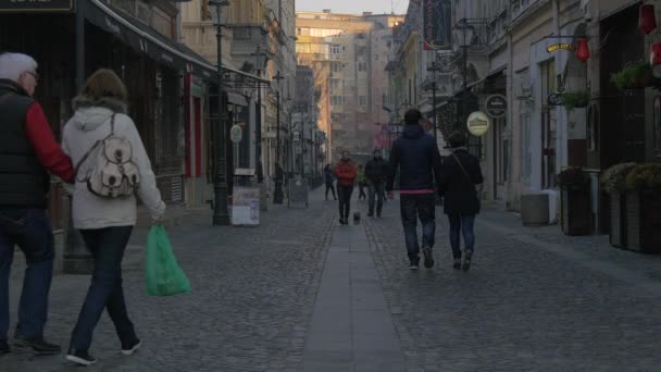Caminhando Uma Rua Paralelepípedos Bucareste — Vídeo de Stock