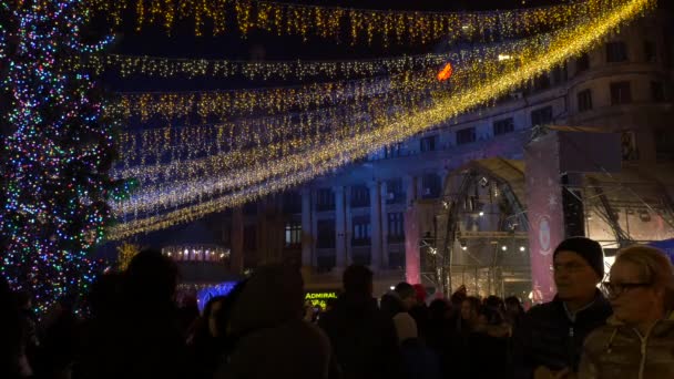 People Gathered Night Christmas Lights — Stockvideo