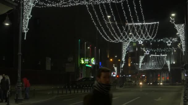 Rua Com Luzes Brancas Natal Bucareste — Vídeo de Stock