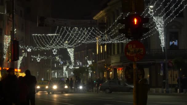 Conducir Una Calle Con Luces Navidad Bucarest — Vídeos de Stock