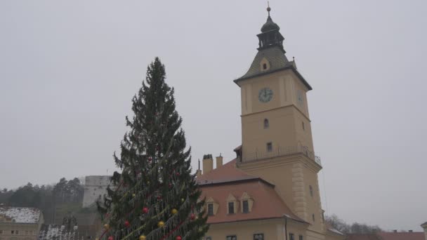 Weihnachtsbaum Der Nähe Des Historischen Museums Brasov — Stockvideo