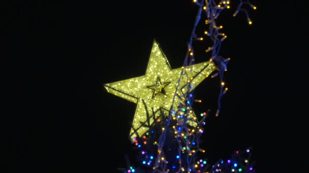 Χρυσό Αστέρι Ένα Χριστουγεννιάτικο Δέντρο Νύχτα — Αρχείο Βίντεο