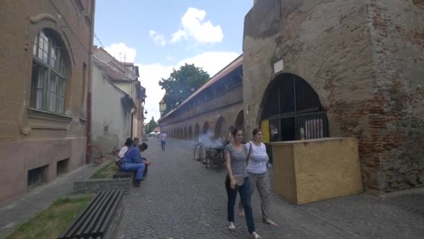 Walking Potters Tower Wall Sibiu — Stockvideo