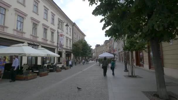 Turisták Épületek Látható Egy Utcán Nagyszeben — Stock videók