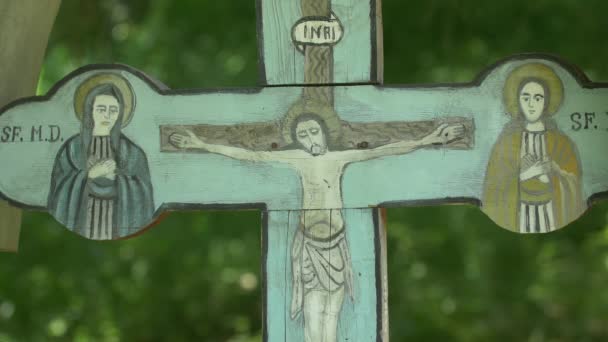 Die Ikone Jesu Christi Auf Ein Holzkreuz Gemalt — Stockvideo