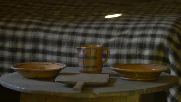 Close Wooden Table Ceramic Pots — Stock Video