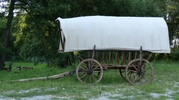 Carrito Madera Cubierto Con Tela Blanca — Vídeos de Stock