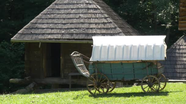 Drewniany Wózek Konny Zaparkowany Pobliżu Tradycyjnego Domu — Wideo stockowe
