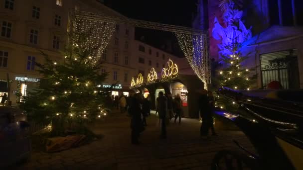 Weihnachtsbäume Und Dekoration Auf Dem Weihnachtsmarkt — Stockvideo