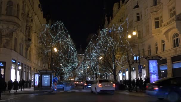 Noel Zamanı Süslenmiş Ağaçlarla Dolu Cadde Prag — Stok video