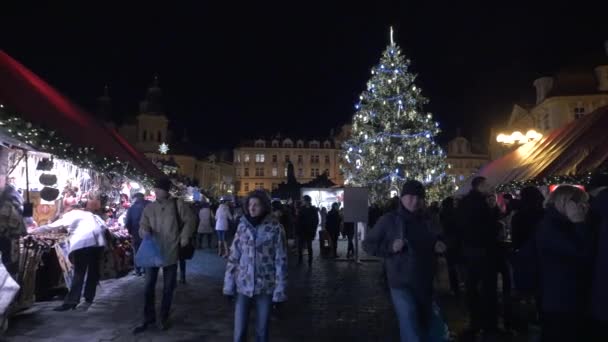 Mensen Wandelen Langs Kerstboom Praag — Stockvideo