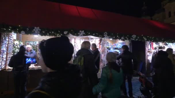 Touristen Den Ständen Eines Weihnachtsmarktes — Stockvideo