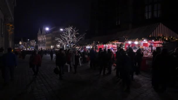 Stoiska Ozdobione Drzewo Jarmarku Bożonarodzeniowym — Wideo stockowe