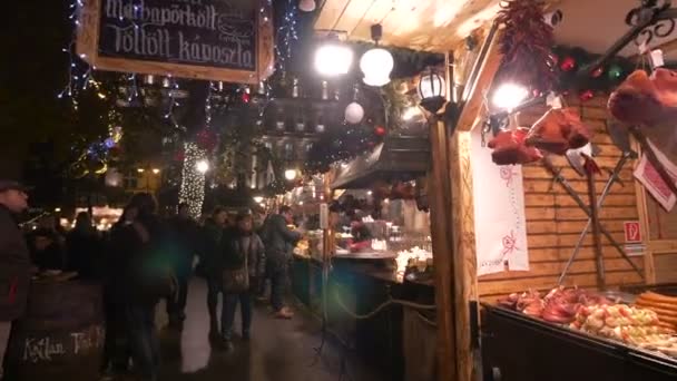 Voedselkraampjes Een Kerstmarkt Boedapest — Stockvideo