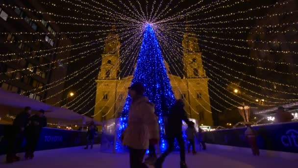 Barn Skridskor Nära Julgran — Stockvideo