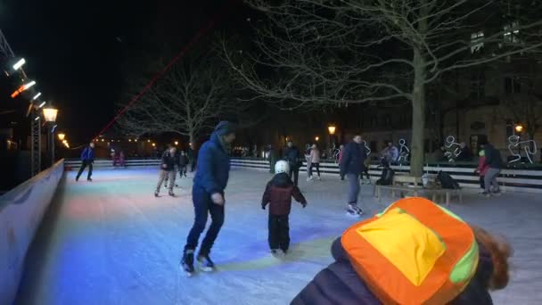 Kinder Und Eltern Schlittschuhlaufen Bei Nacht — Stockvideo