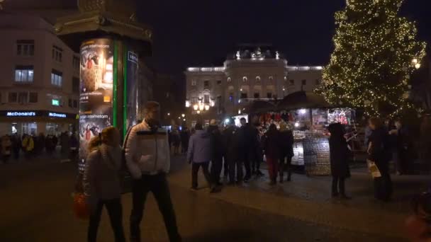 Personas Que Visitan Mercado Navidad Por Noche — Vídeos de Stock