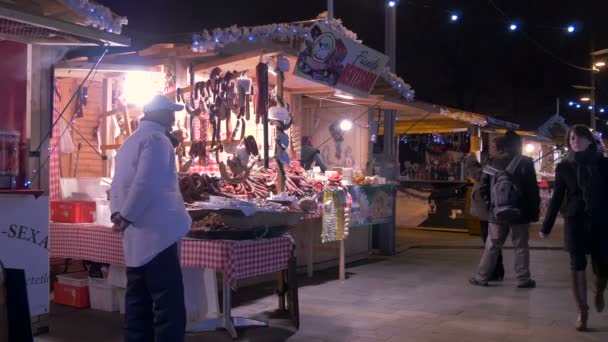Stalle Rue Avec Des Produits Viande Marché Noël — Video