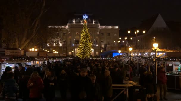 Julmarknad Med Julgran Natten — Stockvideo