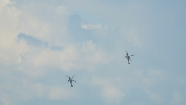 Två Helikoptrar Flyger Himlen — Stockvideo